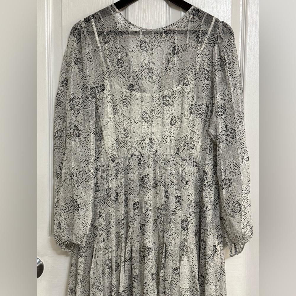Rebecca Taylor Long Sleeve Pintuck Silk Dress Gray Floral Size 10 NWT $525 - Picture 8 of 12